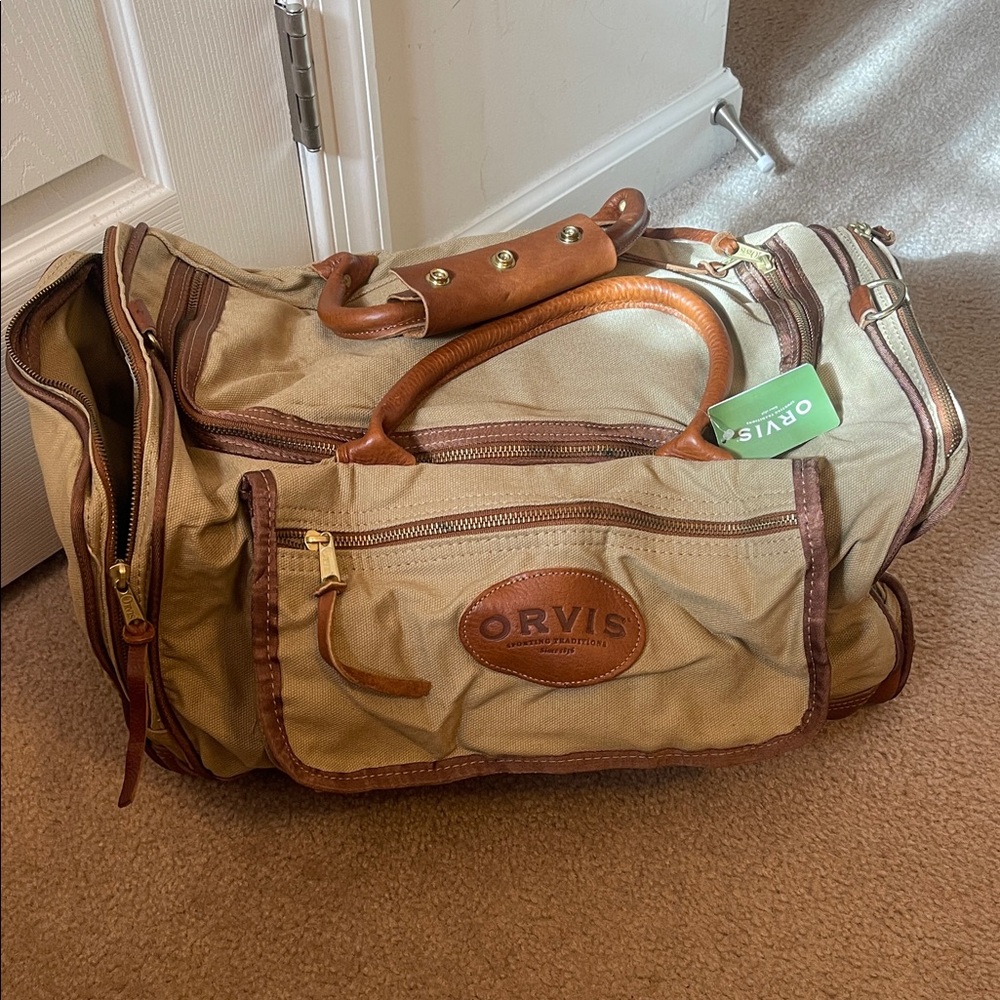 Orvis Khaki and Leather Duffel Bag